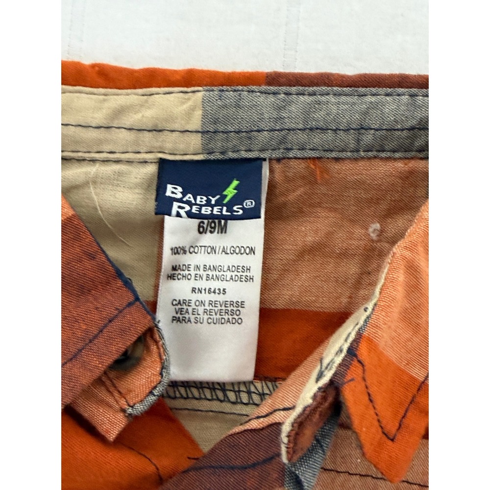 Baby Rebels Boys Orange Navy Plaid Long Sleeve Button Down Bodysuit 6-9 Months - Picture 2 of 3